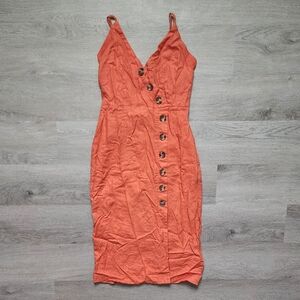 Forever 21 Junior's Sleeveless V-Neck Button Down Knee Length Orange Dress Small